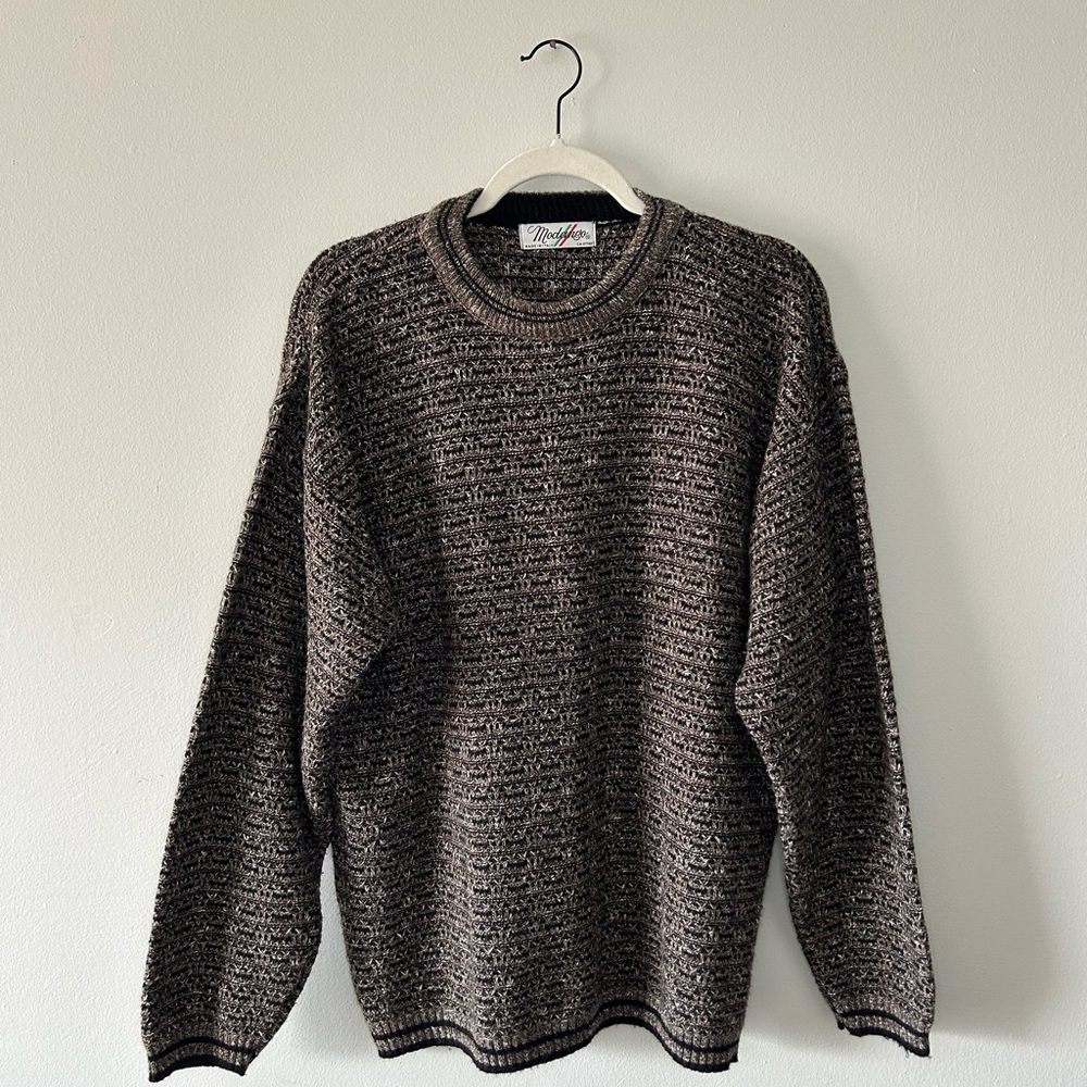 Black and Tan Crewneck Sweater with Textured Knit